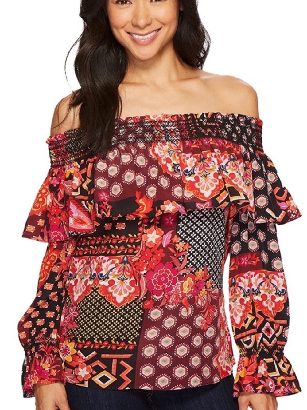 Trina Turk 100% Silk Boho Floral Paisley Off Shoulder Blouse M Statement Bold